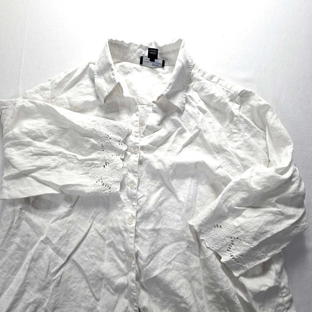 Jones New York Signature Woman White 100% Linen Eyelet Embroidered Shirt 3X